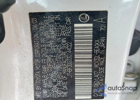 2003 Lexus Es 300 z USA, uszkodzony, nr VIN JTHBF30G330144022